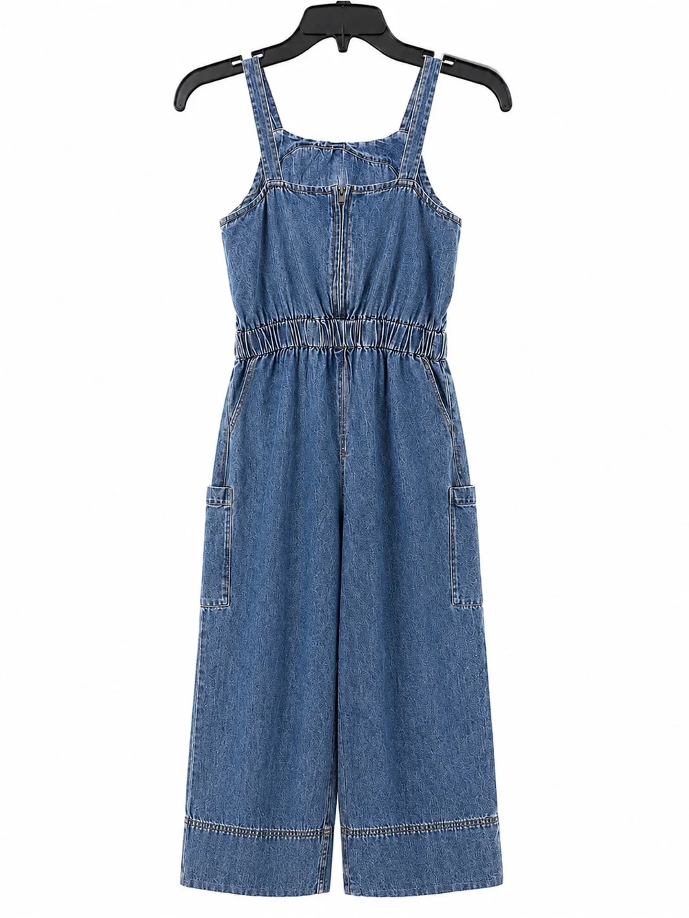 bebe Light Blue Denim Jumpsuit with Drawstring Waist